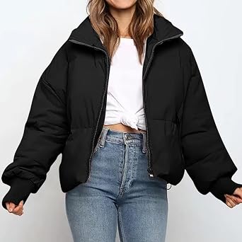 tuduoms Womens Winter Jackets Baggy Puffer Short Jacket Full Zip Cropped Down Coat Teen Girls Light Quilted Parka Outwear