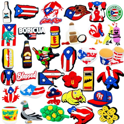 34pcs Puerto Rico Charms Puerto Rican Boricua Shoe Charms Shoe or Bag Jewelry Decoration Accessories Pins for Boys Girls Teens Party Birthday Gifts