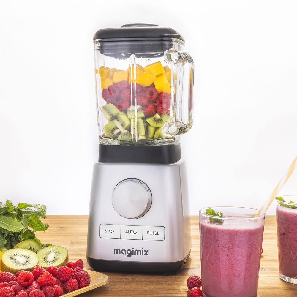 Magimix Blender Mixeur Professionnel - Hachoir, Blender pour Smoothie, Mixeur Soupe, Hachoir Blender Multifonction - Bol en verre (Chrome, 3)
