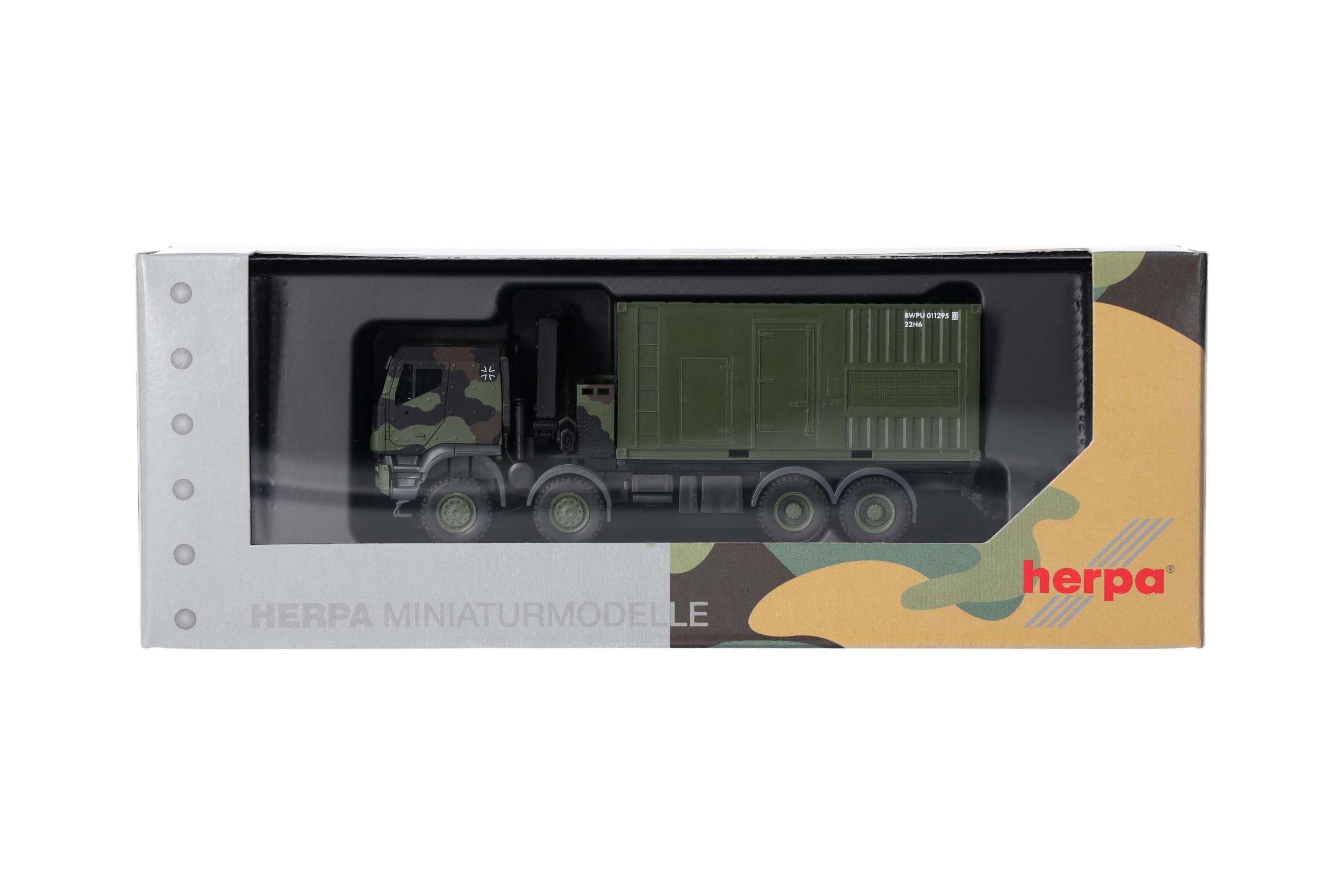 Herpa Military LKW Modell Iveco Trakker 8x8 LKW mit Kran 20 ft. Container „Bundeswehr“, Miniatur im Maßstab 1:87, Sammlerstück, Made in Germany, Kunststoff