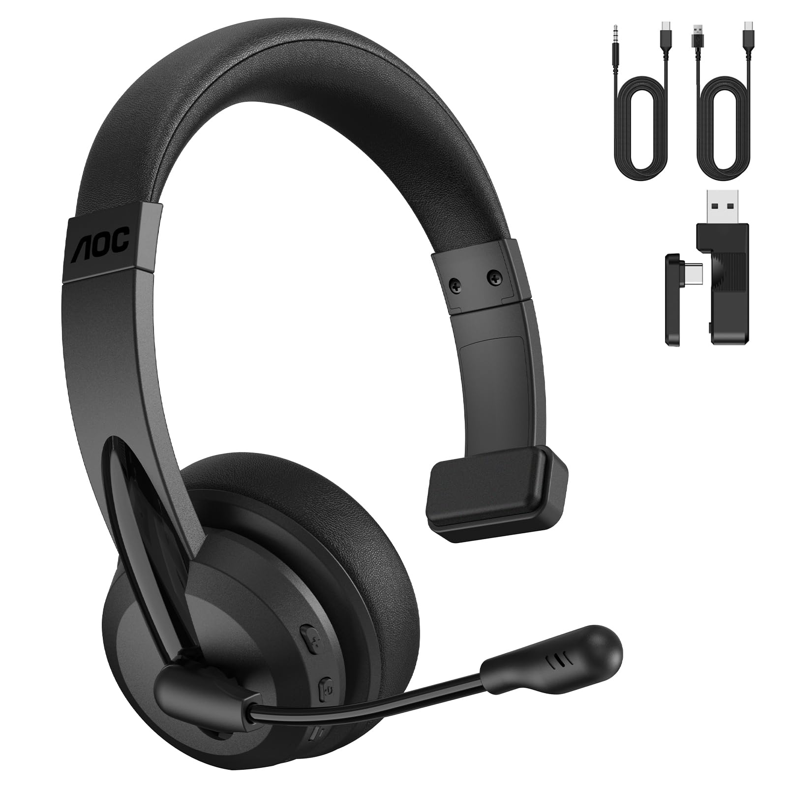 AOC 3-in-1 Bluetooth Headset mit Mikrofon Mono Headset Kabellos 2.4G Dongle | Bluetooth Headset mit AI ENC Geräuschunterdrückung, 45H Akku PC Headset für LKW-Fahrer, Home-Office, Call Center