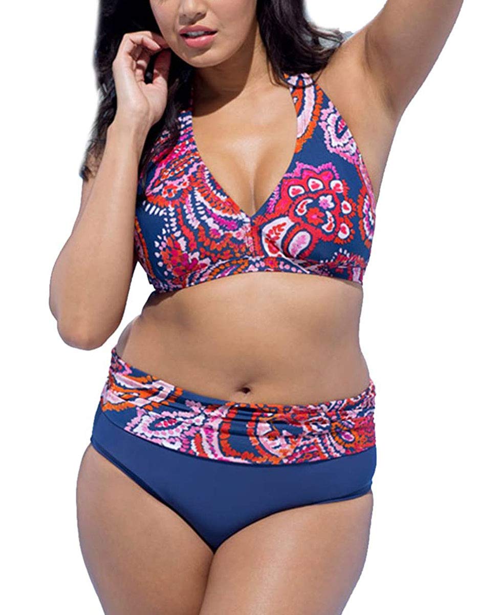 Joligiao Bikinis Mujer Conjunto de Bañador Tallas Grandes Acolchado de Cintura Alta Traje de Baño de Dos Piezas Estampado Playa Verano Tankini