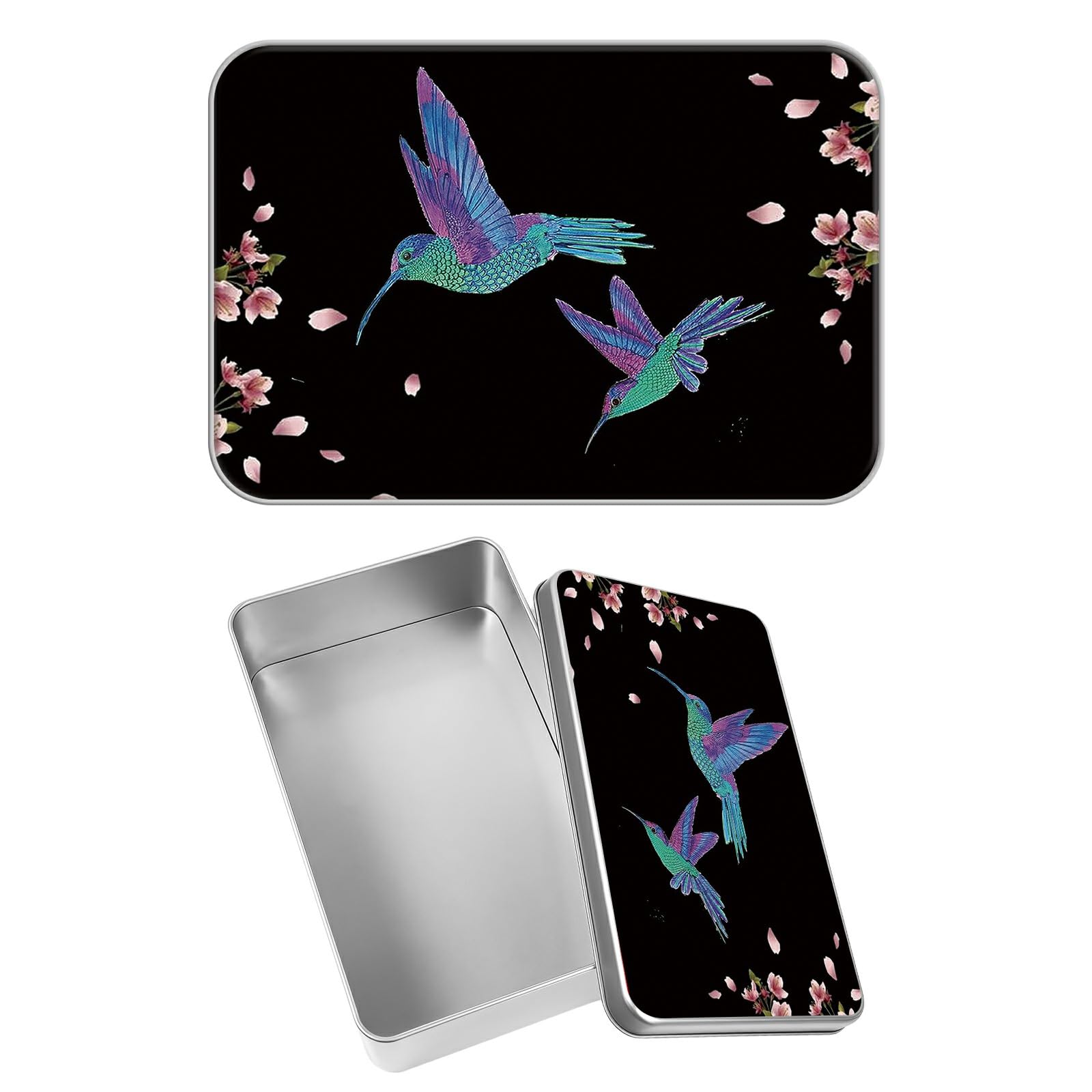 Rectangular Metal Tin Box with Removable Lid, Hummingbird Sakura Decorative Printed Metal Storage Container for Sweets Jewelry Tea Candies Cakes 7 x 4.33 x 2.17 inch– Single Pack