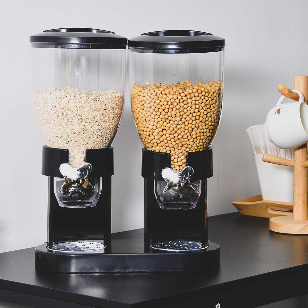 Dispensador de cereales de doble barril, dispensador de alimentos secos con gran almacenamiento para avena, frijoles, nueces, arroz, recipiente de almacenamiento de cocina, color negro