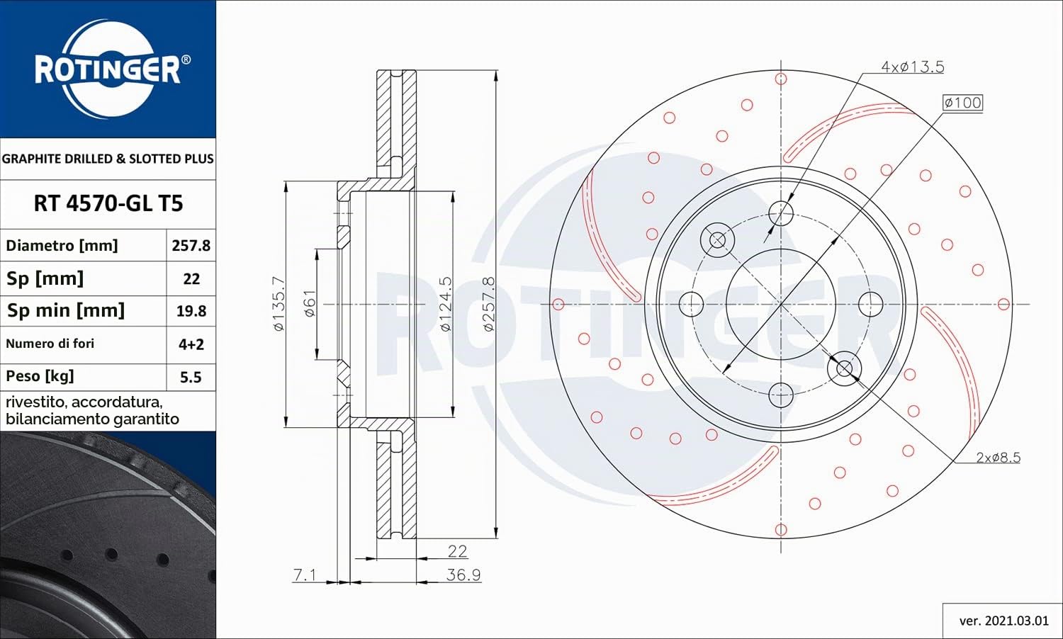 ROTINGER Rotori disco freno (asse anteriore, Set di 2 pezzi) Con rivestimento anticorrosione, RT 4570-GL T5