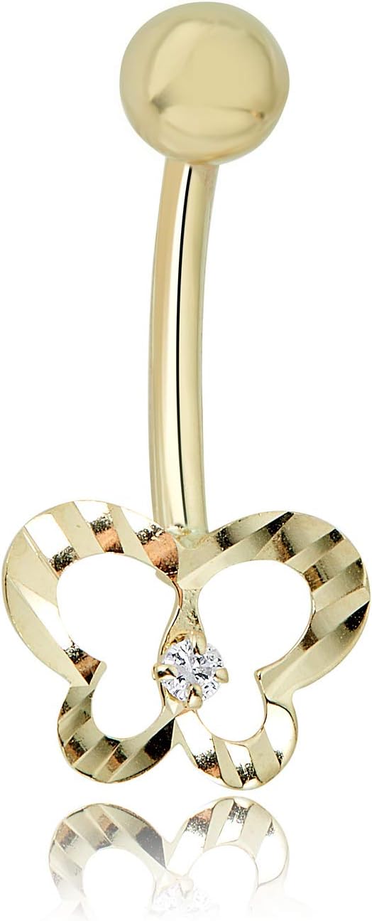 AVORA 10K Gold Open Butterfly 0.02 CT Genuine Diamond Belly Button Ring Body Jewelry (14 Gauge)