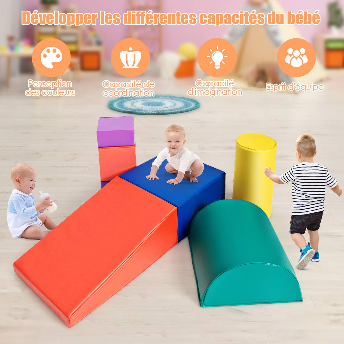 GOPLUS 6 Pcs Parcours Motricité Bébé, Module Motricité Bébé en Mousse, Jouets Éducatifs avec Housse en PU et Remplissage en EPE, Enfants d'Âge Préscolaire