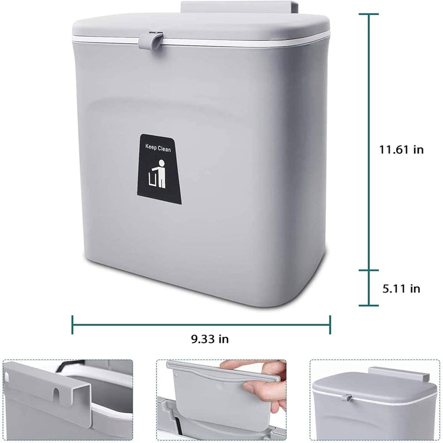 Trash Can Kitchen Trash Can Wall Mounted Kitchen Cabinet Door Plastic Trash Can with Lid Sliding Lid Kitchen Bathroom Bedroom Living Room 9L (Grey)