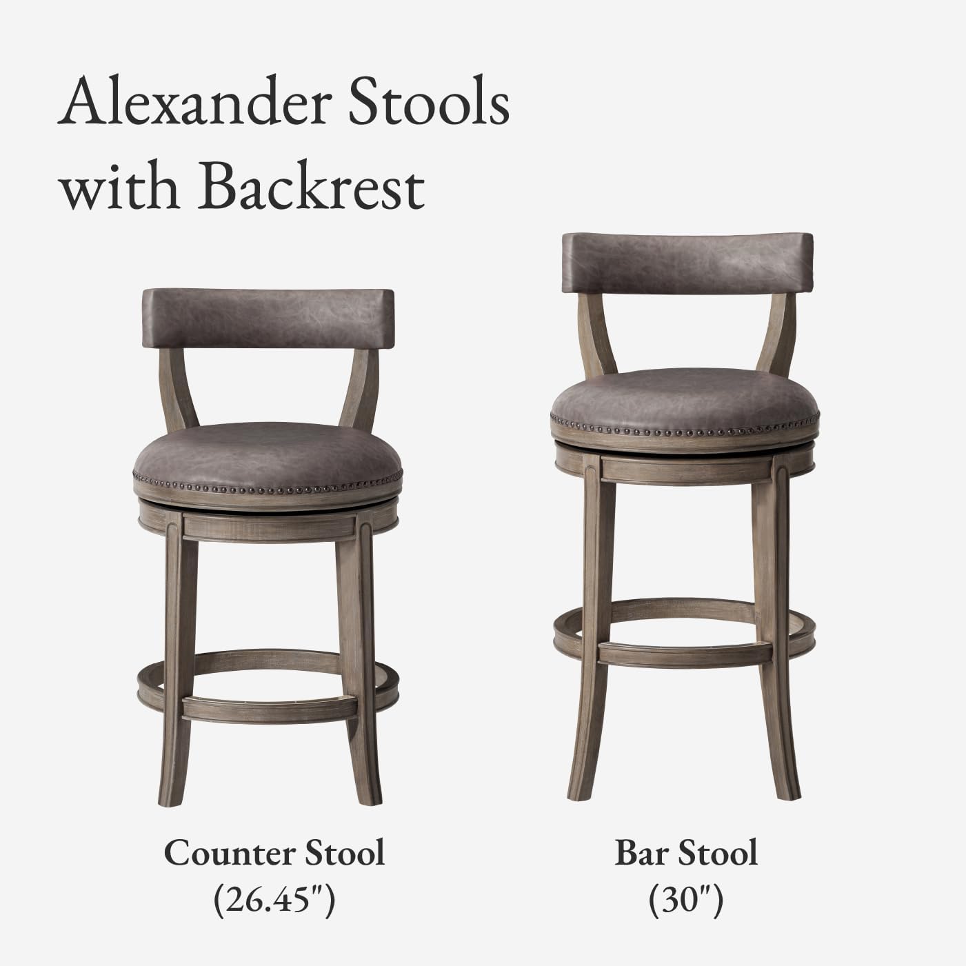 Maven Lane Alexander Counter Stool 26 Inches – Swivel Stool with Footrest – Grey Solid Wood and Grey Faux Leather Upholstery – Perfect for Kitchen Island and Counter