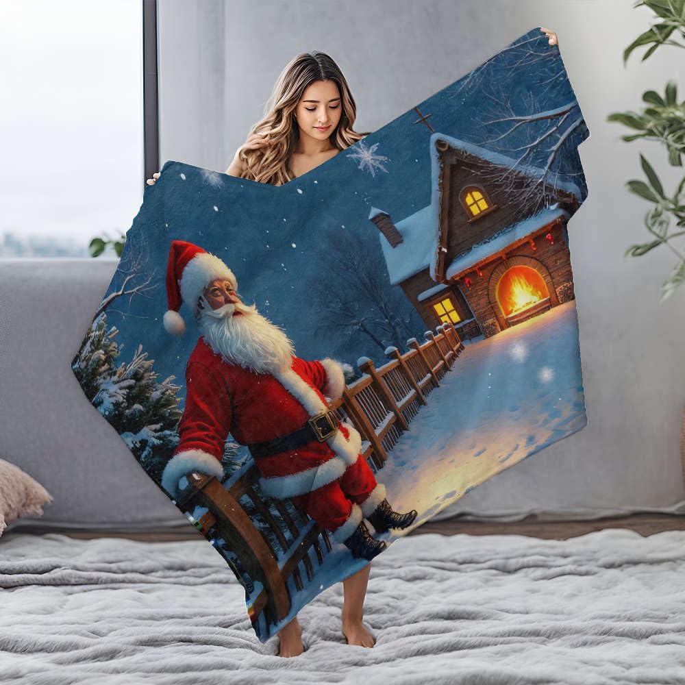 Couverture flanelle Père Noël sous la neige, plaid lit douillet de noël de 150x200 cm