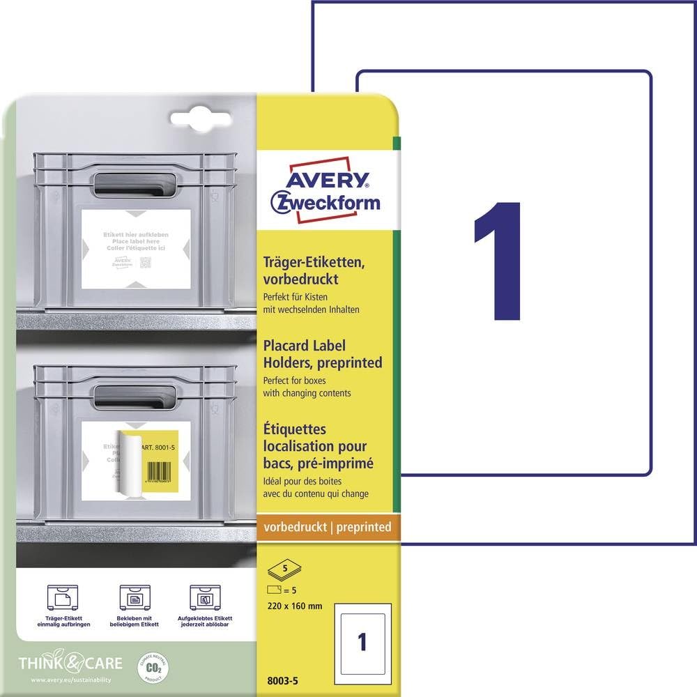 AVERY Zweckform Art. 8003-5 Carrier Labels (5 Label Holders, 220 x 160 mm, Can be Glued with All Labels as Often as Required without Residue, for Shelves, Boxes, Containers in Warehouse and Logistics)
