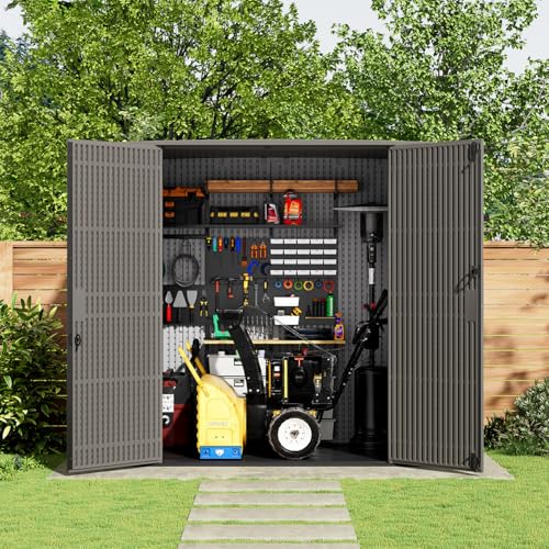Image of KINYING 6x4 FT Vertical Outdoor Storage Shed,Resin Clearance Outdoor Sheds with Floor,Garden Tool Shed for Lawn Mower /Bike Storage /Trash Cans /Pool Supplies,Lockable