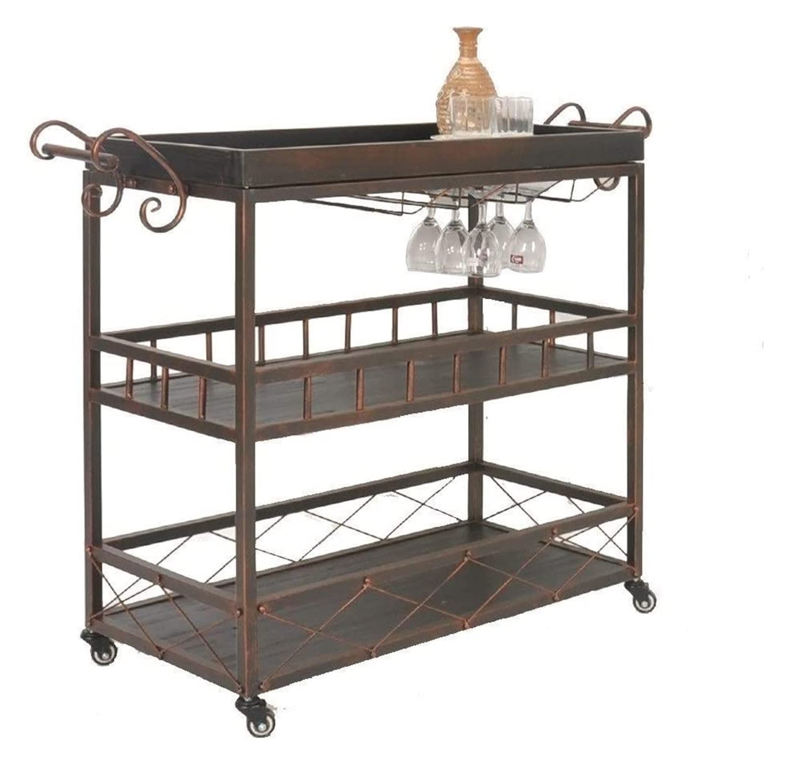 GRDDBZA Bar Serving Carts Business Restaurant Wine Cart, Rolling Cart Kitchen Trolleys Industrial Desk Storage Carts Tool Trolley Catering Trolleys BBQ Car Wine Rack Retro Design 3 Tiers(Bronze)