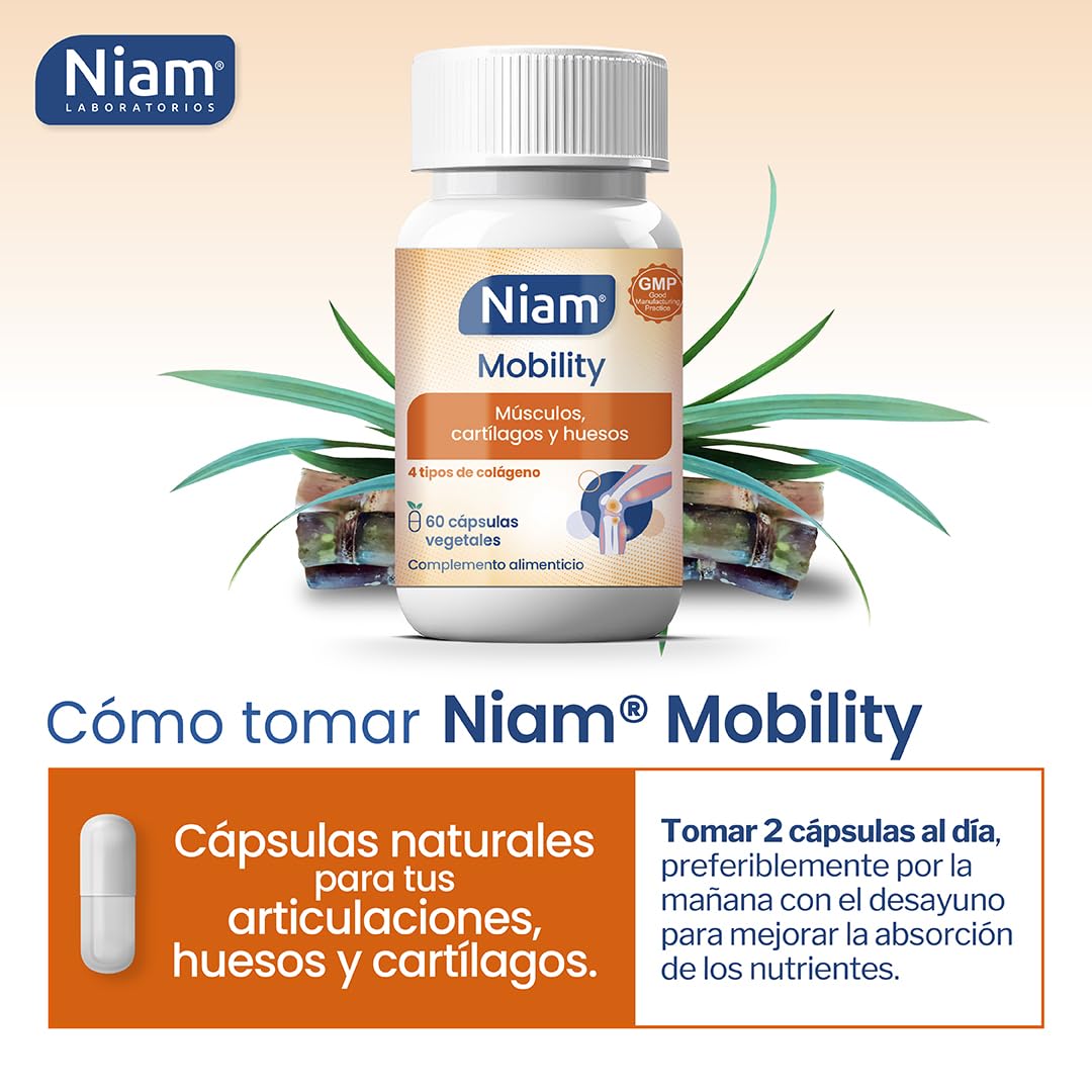 [Pack 2] Niam Mobility | Multi Colágeno para Articulaciones | 120 cápsulas | Colágeno tipo II, I, V y X con Ácido Hialurónico | Huesos, músculos, cartílago | Vitamina C, zinc y extracto de bambú