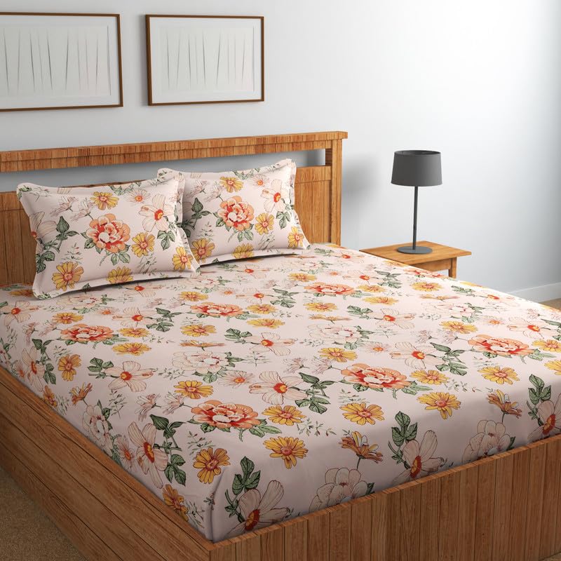 NEW LEAF Premium 100% Cotton 220tc Flat Double Bed Bedsheets for Summer Breathable | Wrinklefree Long lsting (Size-90 x 90 Cm, 7ft x 7ft) with 2 Pillow Covers (Size-17 X 27 Inches, Floral Beige)