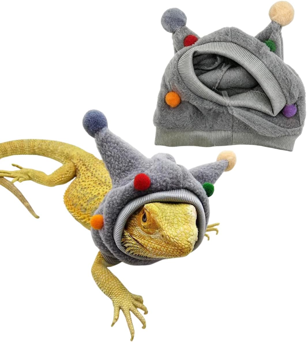 Fleece Bearded Dragon Hat Lizard Neck Warmer Christmas Costume (Grey) | Cute fleece lizard horn hat & neck warmer for bearded dragons. Elastic pom-poms fit small pets Reptile for Christmas holiday