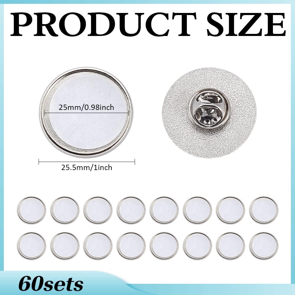 MAYJOYDIY 60 Sets Sublimation Blank Brooch Pin Button 0.77 Inch Silver DIY Button Pin Badge with Pin Backs & Film Heat Transfer Badge for DIY Craft Making