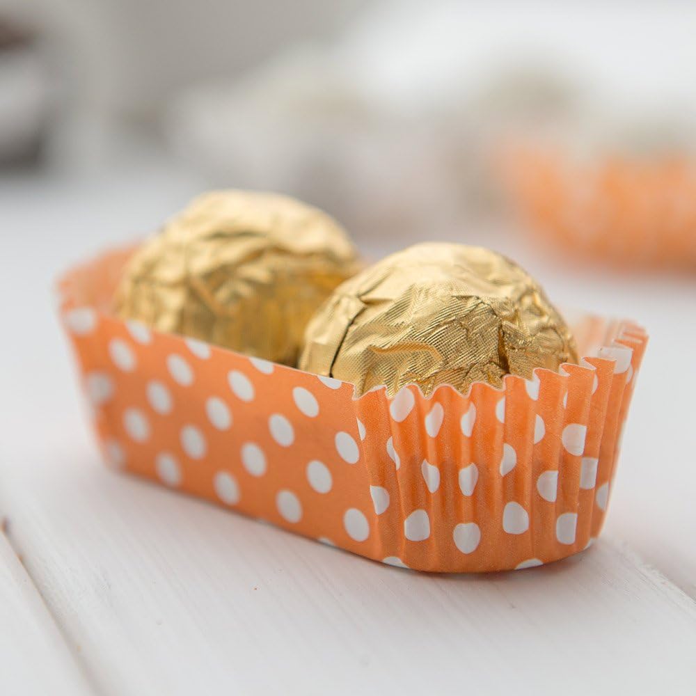 Panificio Premium 3-inch, 1.4 oz Baking Cups: Regular-Ridged Elliptical Paper Baking Cups Perfect for Muffins, Cupcakes or Mini Snacks - Hot Orange Polka Dot Print Design - Disposable - 200-CT