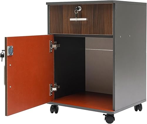Miniatura 4 de Archivador móvil de roble negro, soporte de impresora con cerradura, organizador de oficina y armario de almacenamiento con puerta, cajón y ruedas,