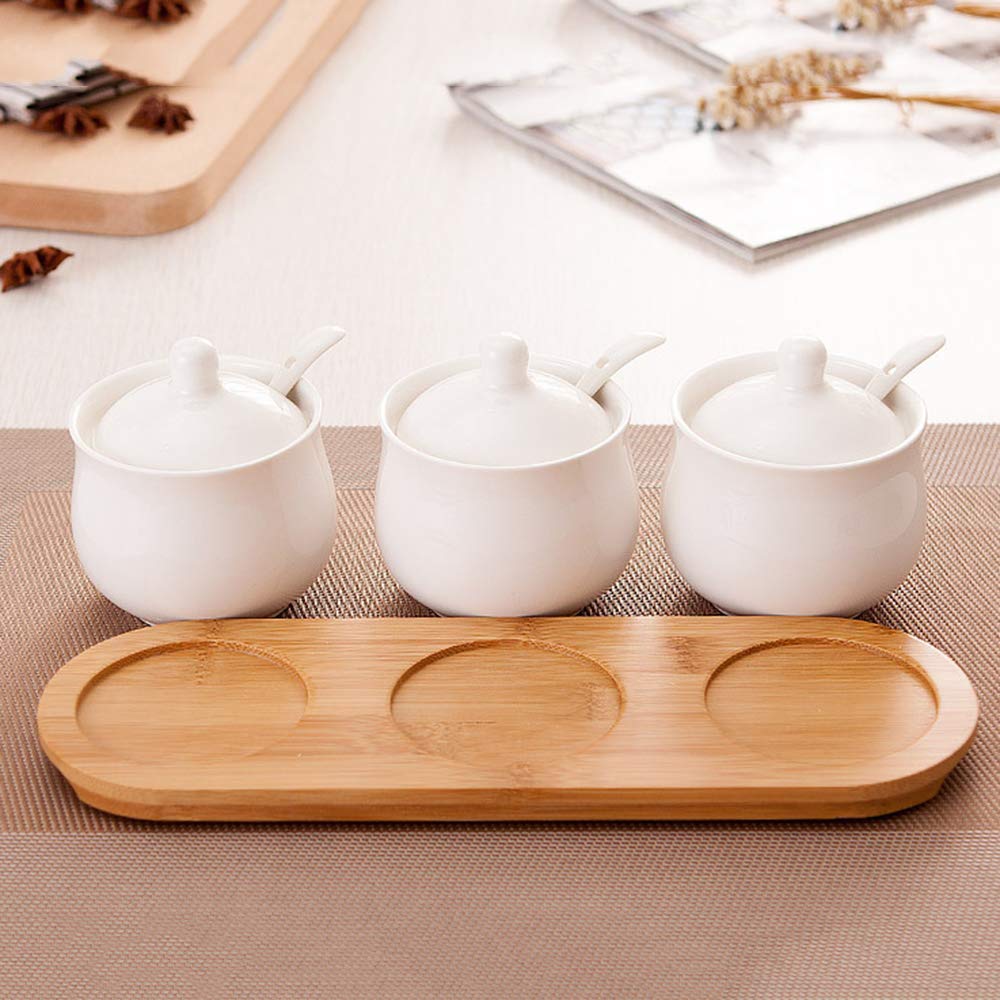Ceramiczne słoiczki na przyprawy z łyżką do zupy, pokrywką i tacą Zastawa stołowa do kuchni Zestaw ceramicznych słoiczków na przyprawy do soli, esencji z kurczaka, słoicz