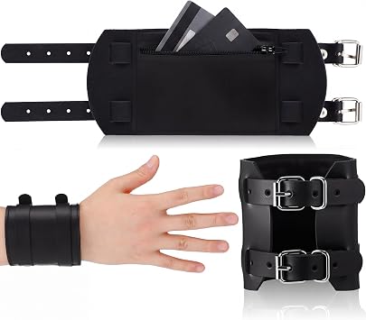 Shinylin Leather Wrist Wallet for Men Cuff Wristband Handmade Hidden Pocket with Secret Zipper for Cash Adjustable Safe Wallet Full Grain Leather for Travelers Bourbon Black