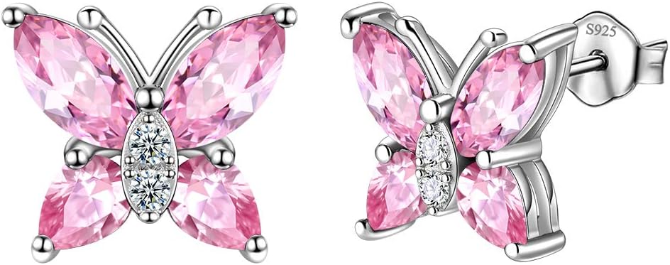 Butterfly Birthstone Stud Earrings - Women 925 Sterling Silver Butterflies Birthstone Stud Earrings Birthday Gift for Women