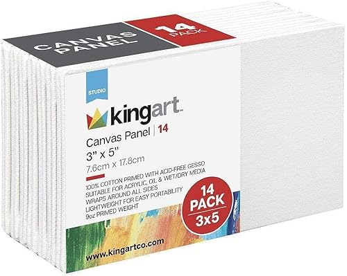 KINGART 819-14 - Tableros de lienzo para artistas, color blanco, de 3 x 5 pulgadas, paquete económico de 14 paneles rectangulares, imprimado con