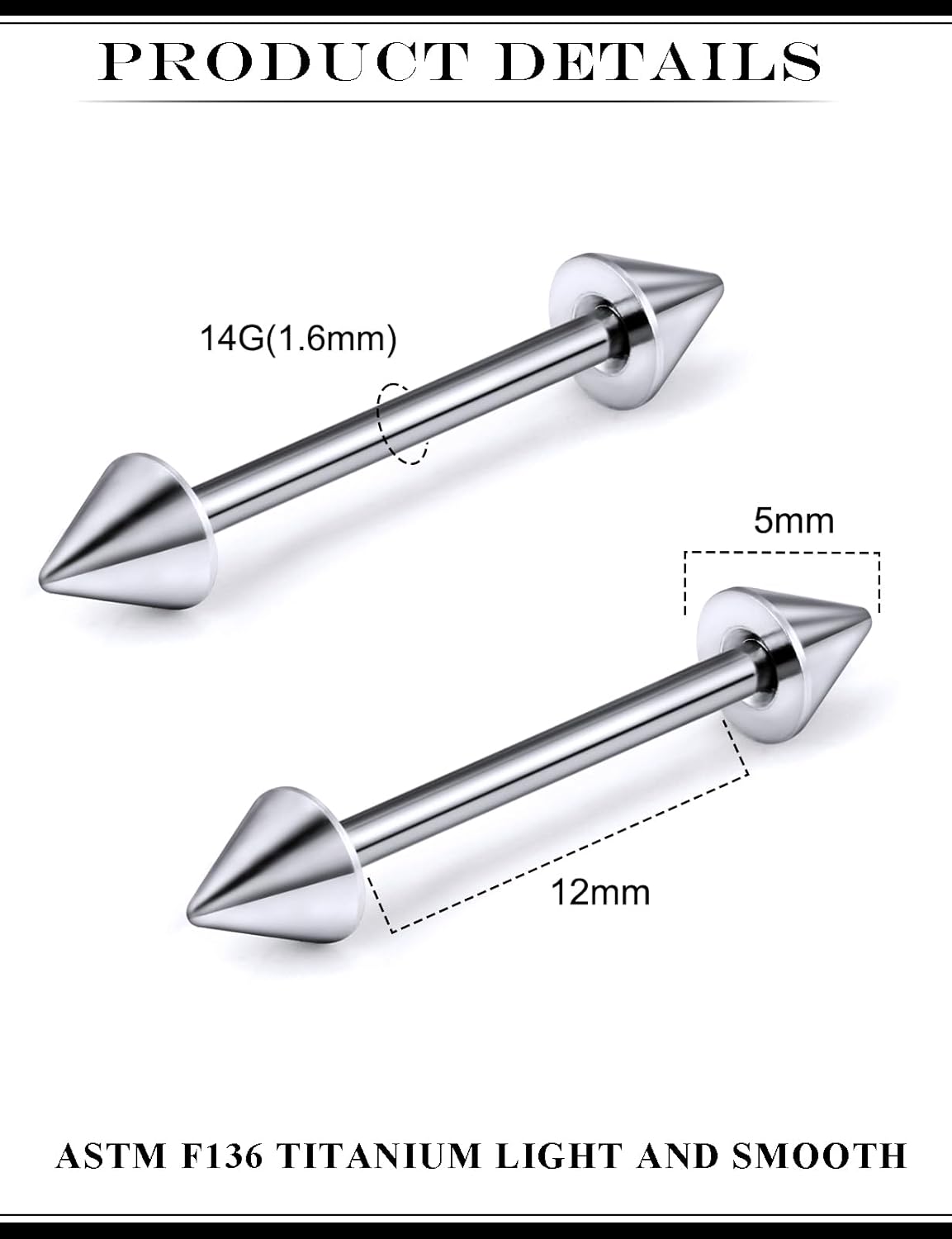 14G 16G Astm F136 Titanium Spike Nipple Rings Bridge Piercing Jewelry Straight Bar Nipple Ring Piercing Jewelry For Women Men Externally Threaded Bar Length 12MM - 16MM - Image 3