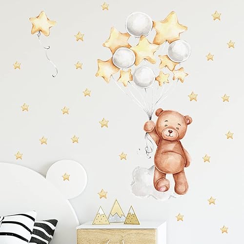 Miniatura 3 de Bonito oso con globos y estrellas, decoración de habitación del bebé, calcomanías de pared de vinilo para niños, niñas, dormitorio, guardería, aula,