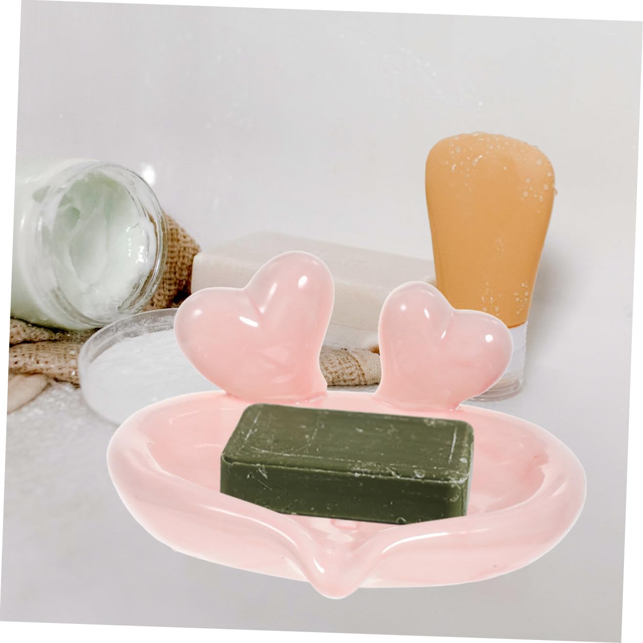 Jabonera de Baño en Forma de Corazón de Cerámica Rosa 1 Pieza | Diseño Creativo, Función de Drenaje, Fácil de Limpiar, para Aseo Público y Detalle de Obsequio