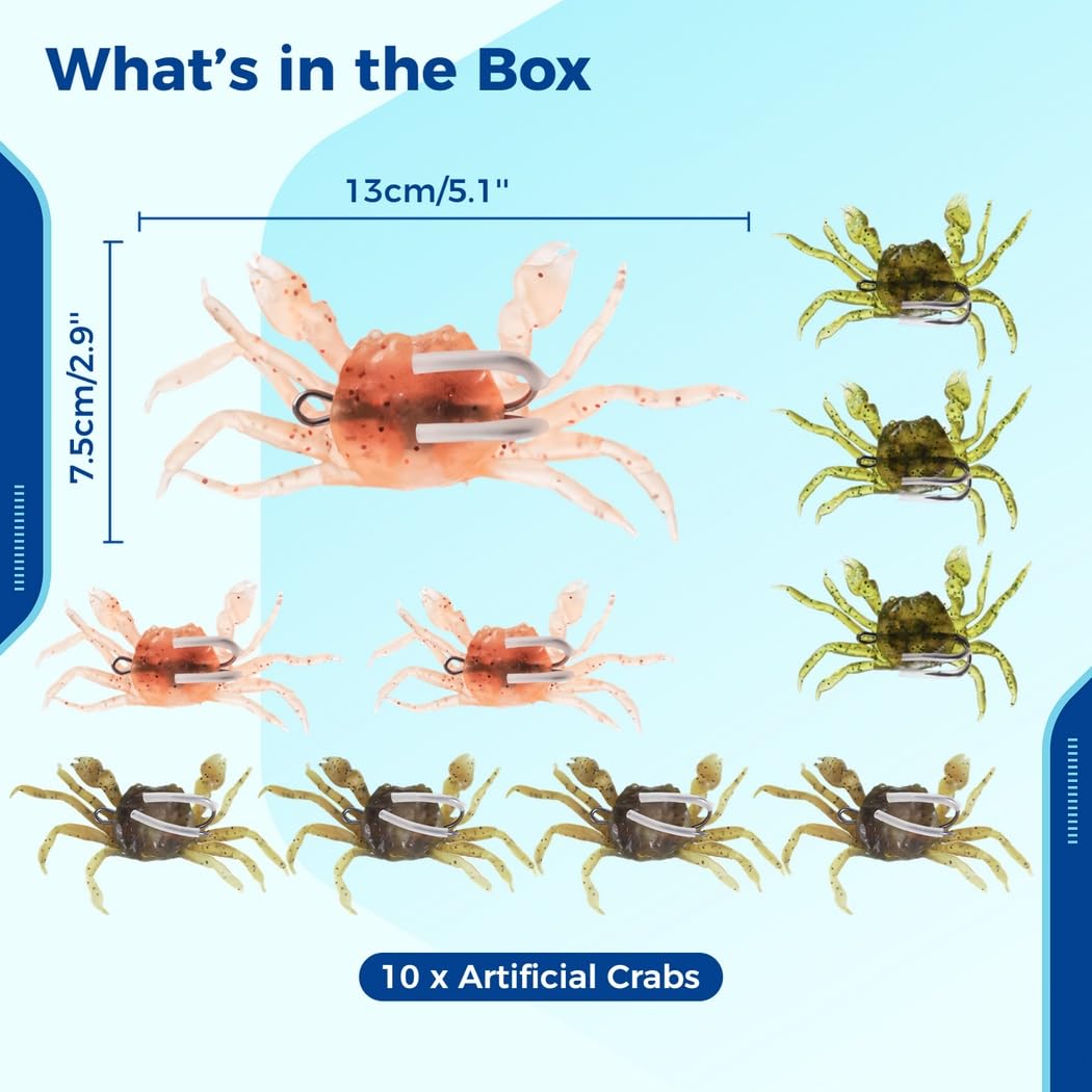 Lot de 10 leurres crabes artificiels, leurres Souples en Simulation 3D avec hameçons Pointus, Accessoire de pêche en mer et en Eau Douce, appât réaliste pour étang et rivière
