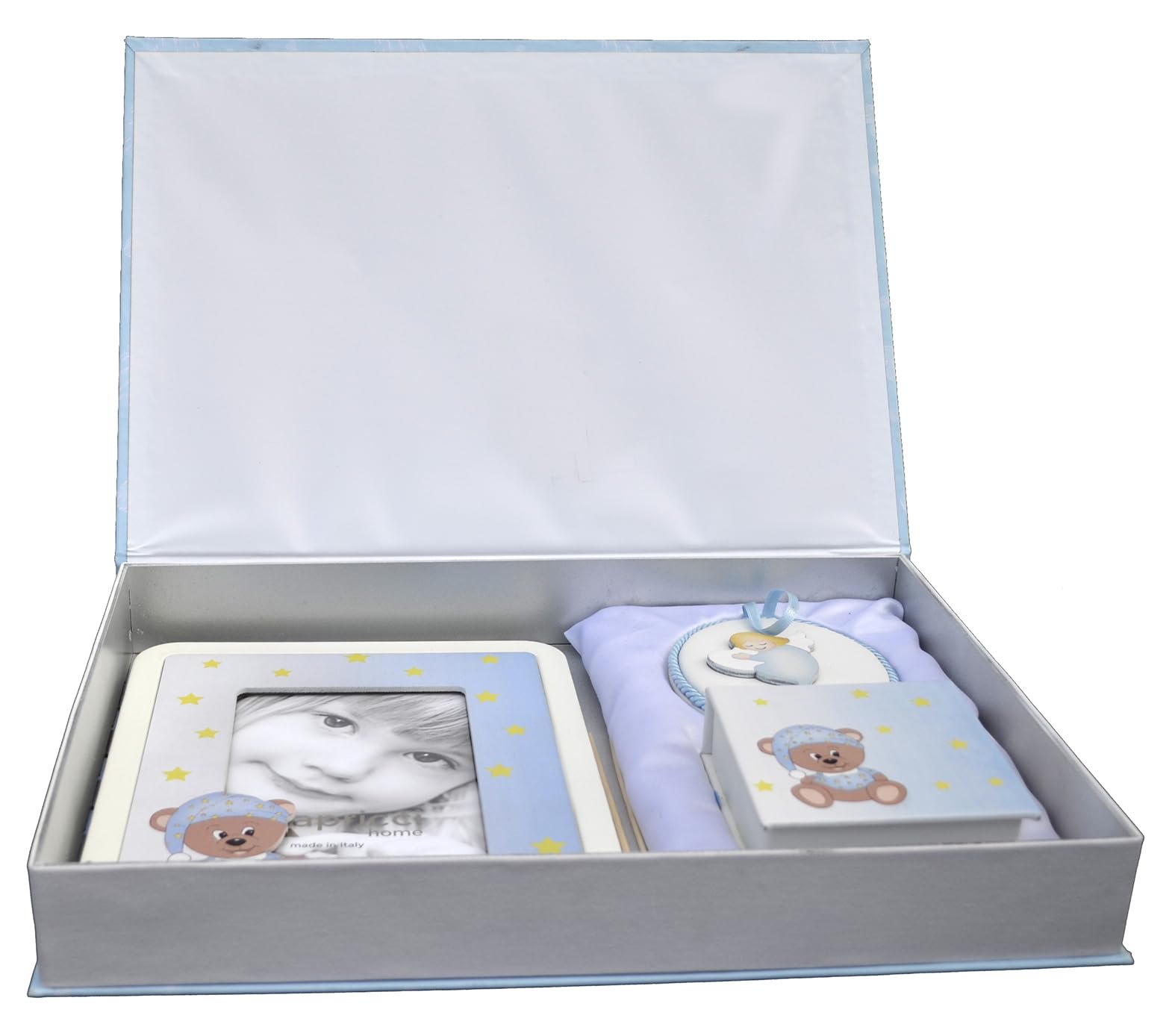 Benvenuto al Mondo: Set regalo tema Orso con Portafoto da tavolo Profumatore e Sopraculla Neonato nascita (Celeste)