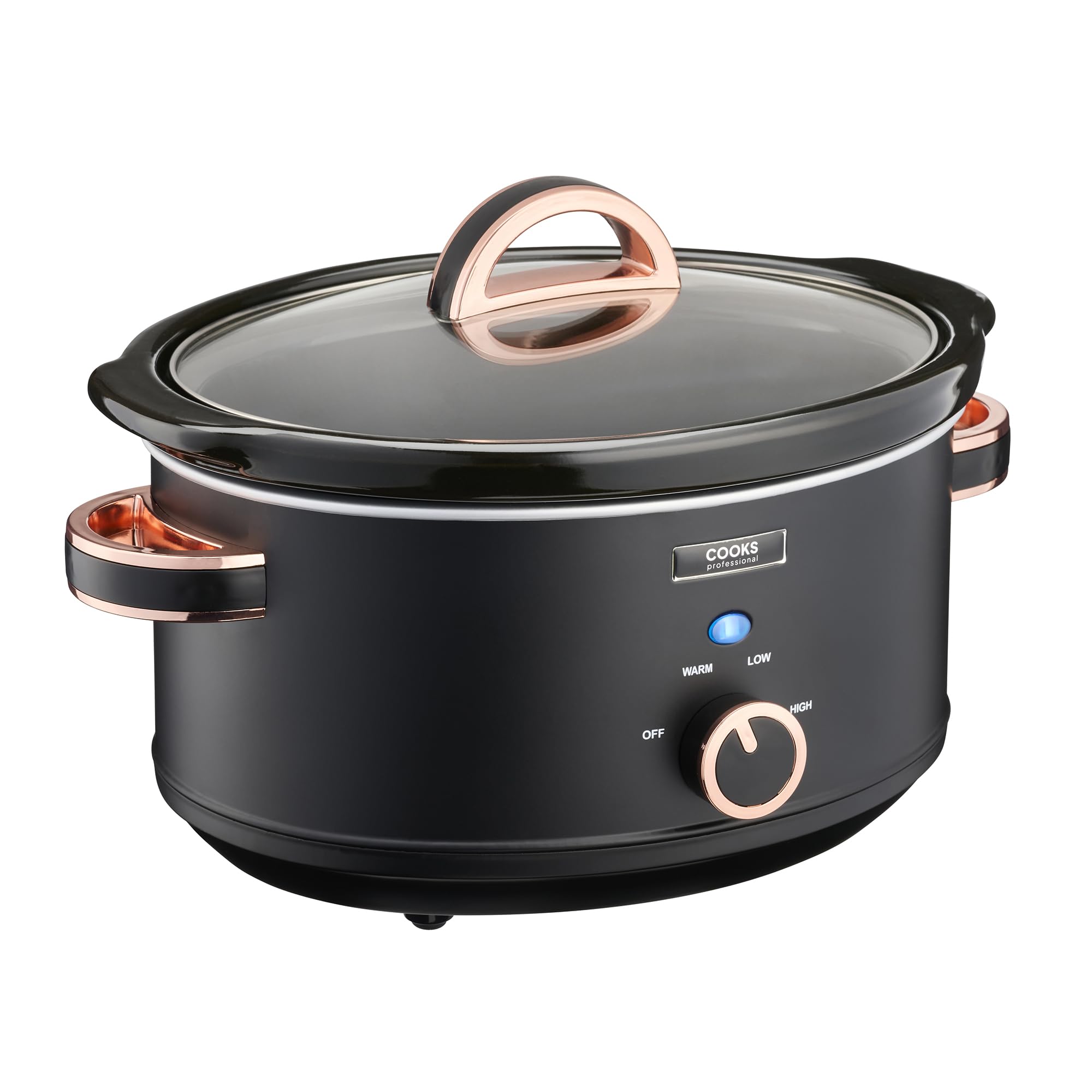Cooks Professional Slow Cooker 3.5 Litre with Glass Lid, Cool Touch Handles, Dishwasher Safe Bowl, 2 Heat Settings & Keep Warm Function | Small One Pot Cooking Machine | Black & Rose Gold