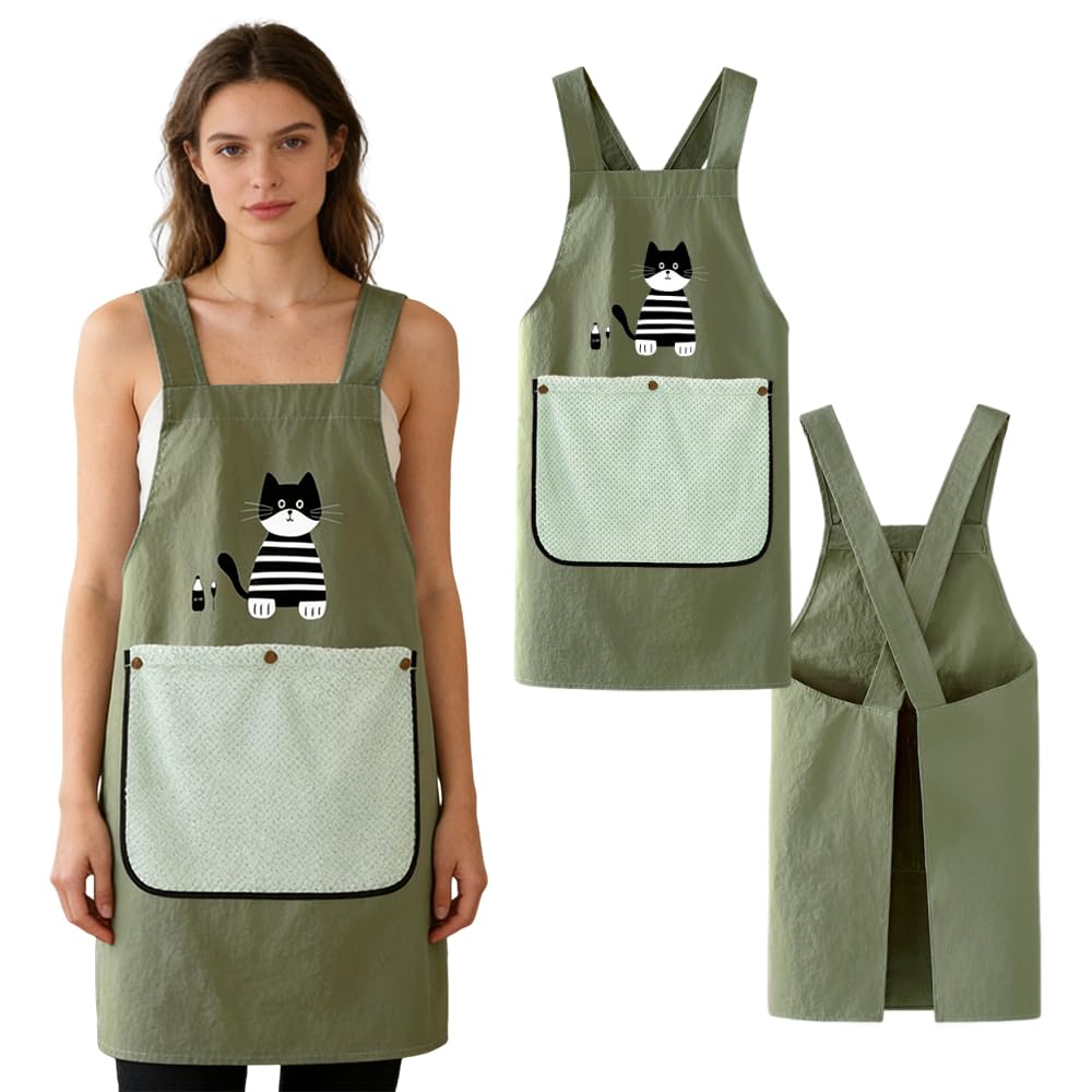 MSLSOZ Sage Green Cross Back Apron with Cute Cat Pattern, Kitchen Apron with Pockets, Detachable Hand Towel, Soft Waterproof Taslon Fabric, for Cooking, Baking, Cleaning, Universal for Women & Men.