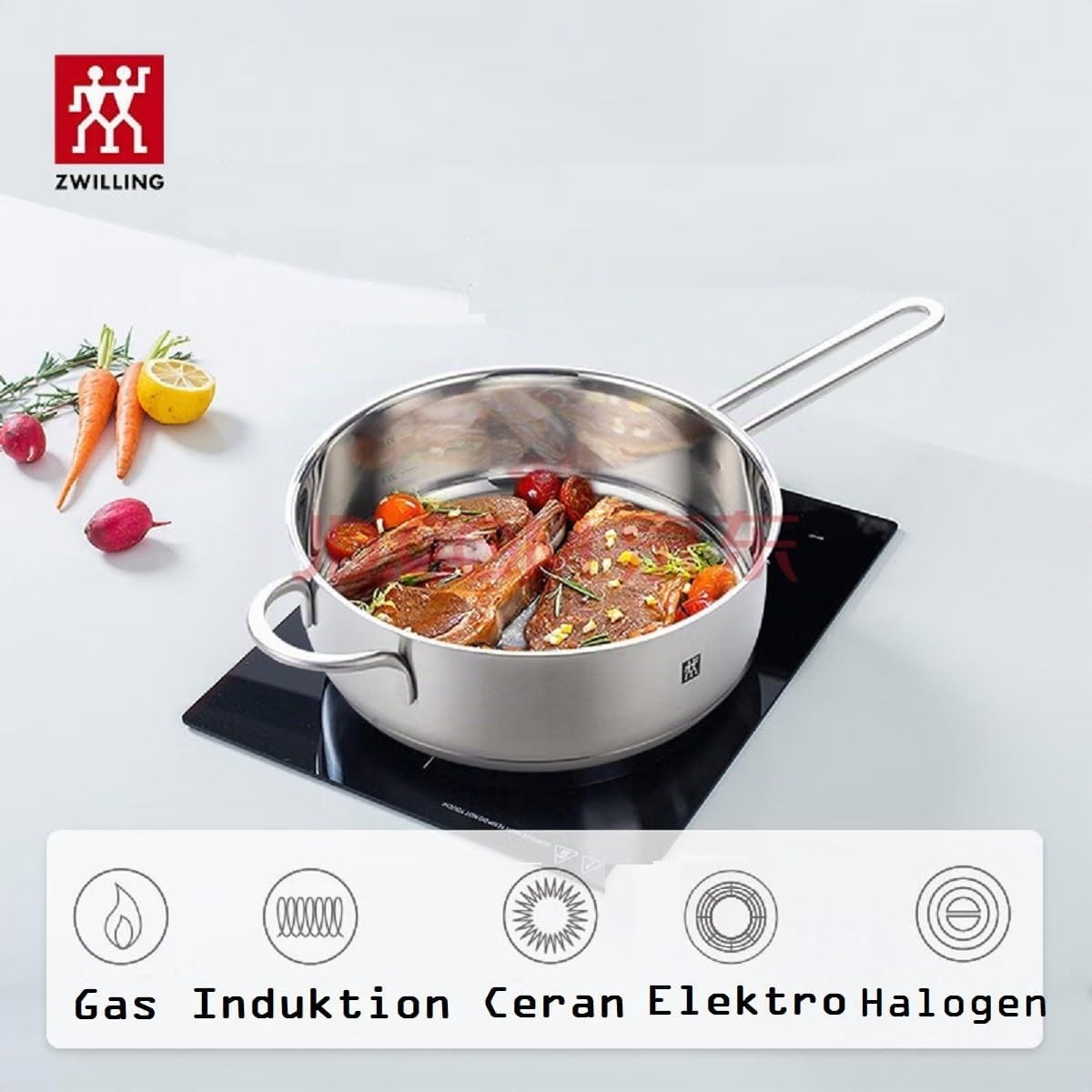 Zwilling TwinNova3 Wokpfanne 30cm + Schmorpfanne 24 cm mit 2x Glasdeckel, 4 tlg, Wok + Schmor Pfanne Unbeschichtet, Spülmaschinenfest, rutschfester Griff, FÜR ALLE HERDARTEN, Silber