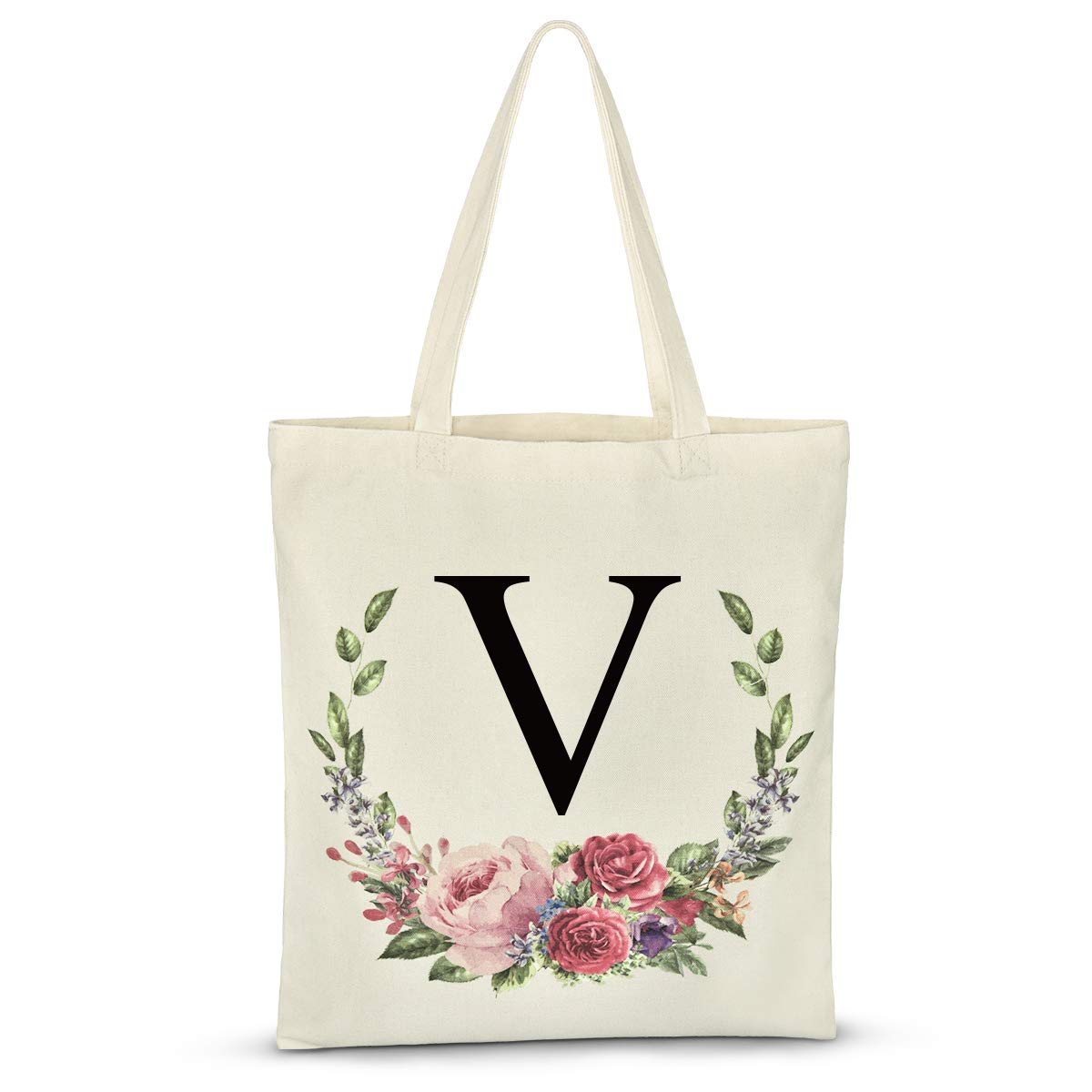 Personalized Floral Initial Tote Bag for women Canvas Tote Bags Reusable Grocery Bags Shopping Bags