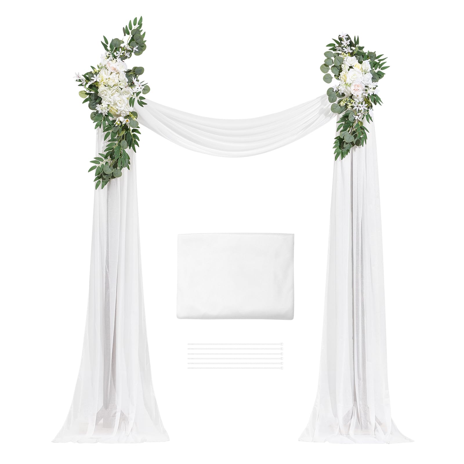 VEVOR Blumenset für Hochzeit Bogen, weiße Blumen für Traubogen mit Vorhängen (3er-Set) – 2 Blumenarrangements, 1 transparente Vorhänge, für Zeremoniensträuße, Empfangshintergrunddekoration