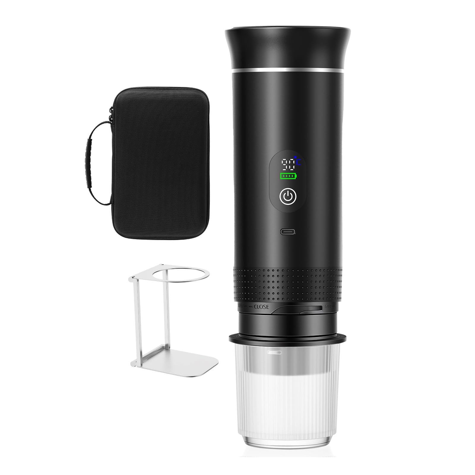 Caffettiera Portatile 3-in-1, Riscaldamento Rapido 80ml 20 Bar | Display Intelligente Temperatura, Pressione Compatibile Cialde & Caffè Macinato, 7500mAh USB-C, Ideale per Viaggi & Ufficio