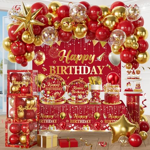 Cocomigo 281pcs Red and Gold Birthday Decorations for 25 Guests Worry-free One-stop Set with No-DIY Banner Thick Plates and Cupcake Toppers Easy Setup for Red and Gold Party