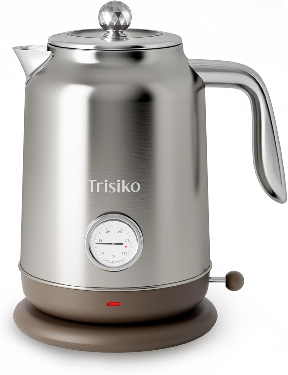 Trisiko® 1.7L Large Electric Kettle with Thermometer,57.oz Electric Tea kettle with Automatically Shut Off,304 Stainless Steel,1200W Hot Water Kettle Electric for Coffee&Tea (Chrome)
