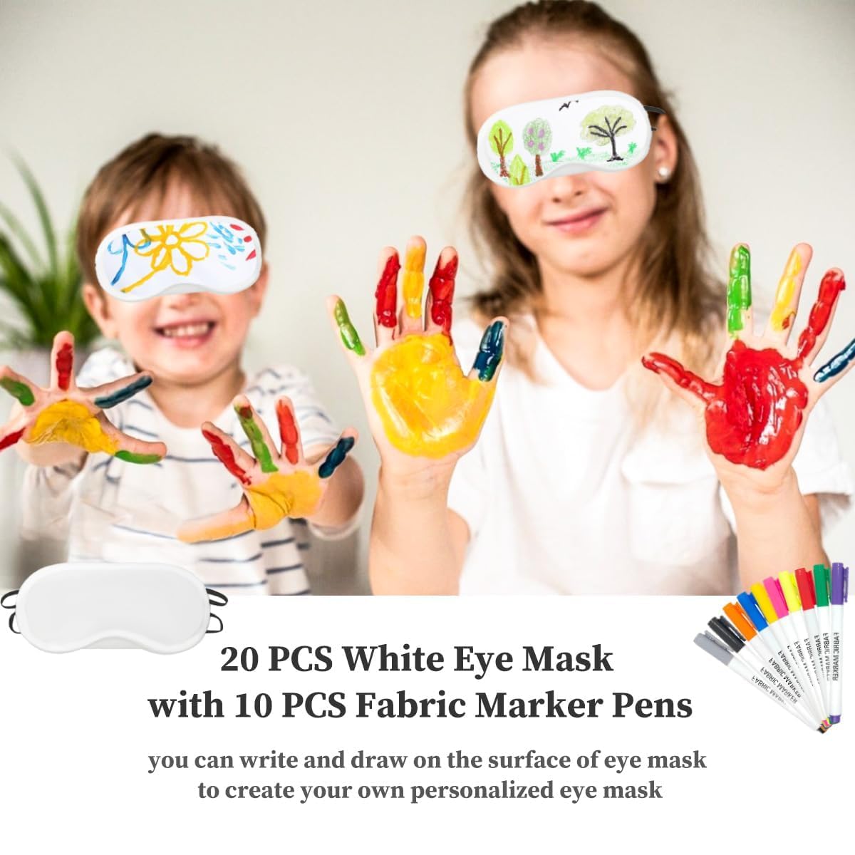 30 máscaras para dormir, suministros para fiestas de pijamas, 20 máscaras blancas para dormir con 10 rotuladores de tela, para cubrir los ojos para dormir, viajes, equipo y fiesta (blanco)