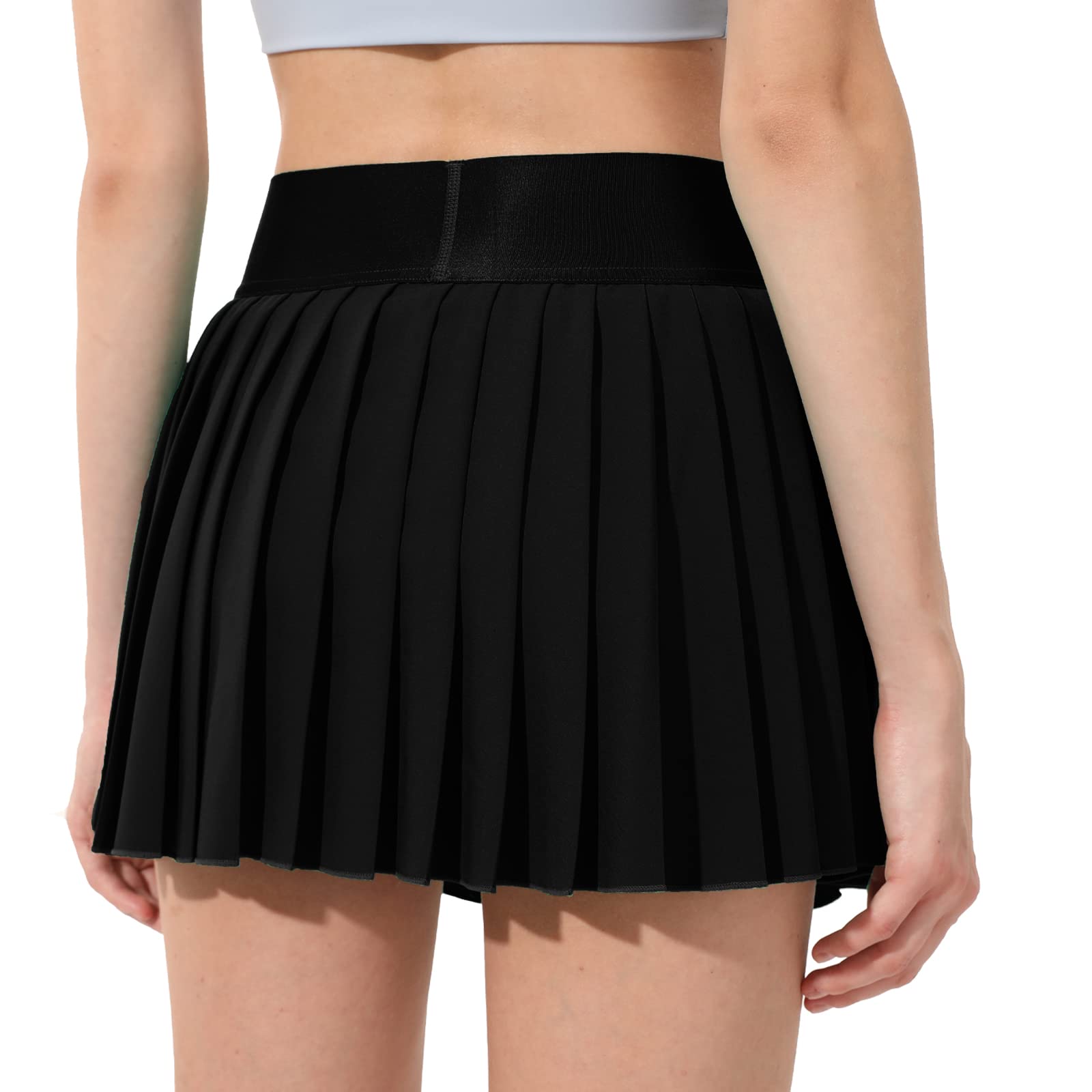 Falda de tenis plisada para mujer, pantalones cortos integrados, faldas atléticas de cintura alta, con bolsillos, holgada, casual, Negro -, Large