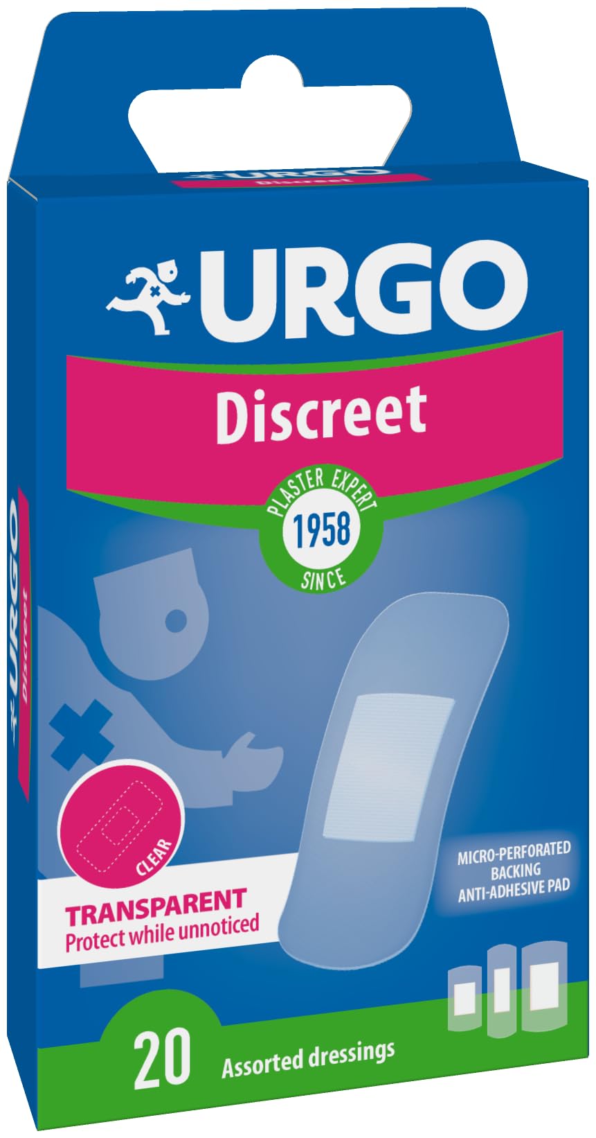 UrgoDiscreet Plasters - Transparent Individual Plasters for Protection of Upper Wounds - 3 Sizes - 20 Dressings