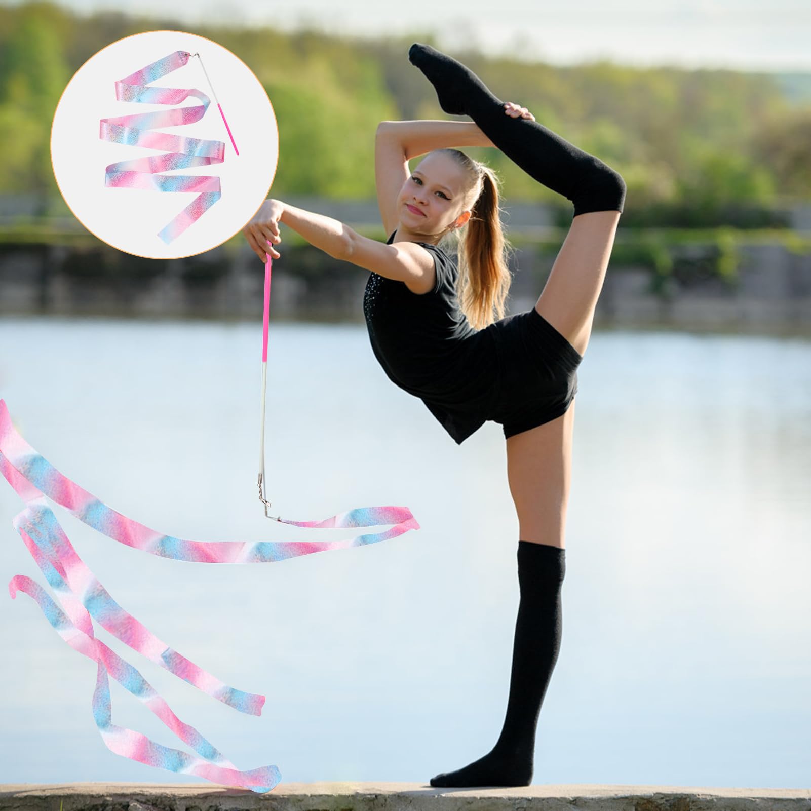 Nastro Ginnastica Ritmica Bambina 2 Metri Rosa con Maniglie - Kit Danza Ritmica