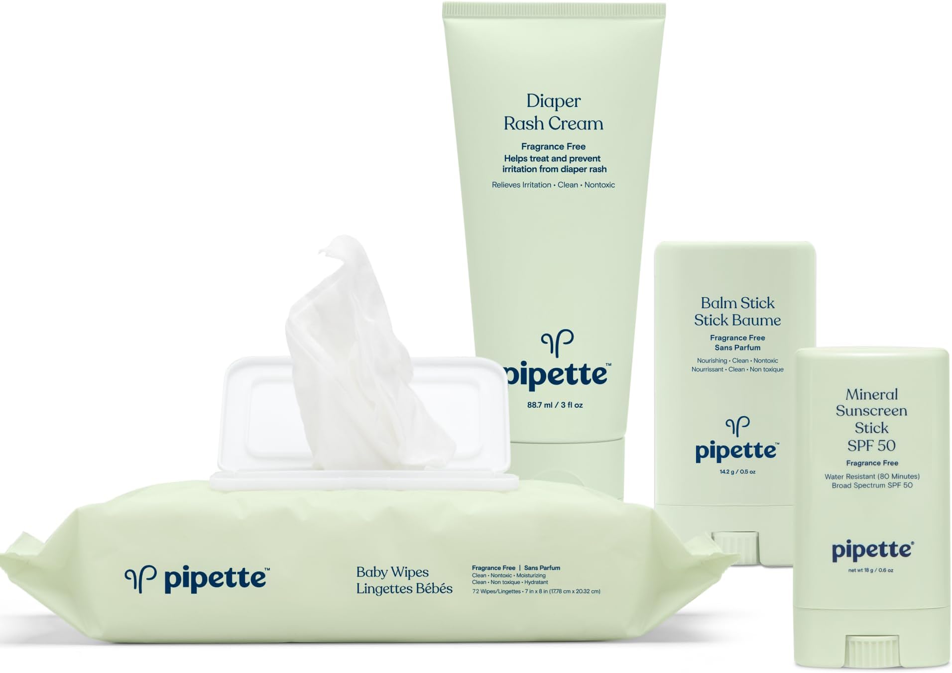 Pipette Baby Travel Essentials Set Bundle, Clean, 100% Mineral Water-Resistant Sunscreen SPF 50, Fragrance-Free Baby Balm Stick, Water-Based Baby Wipes, Fragrance-Free Diaper Rash Cream