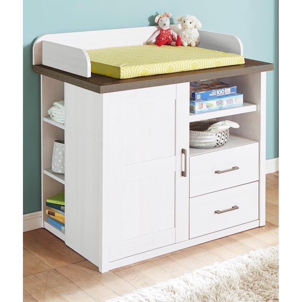 Lomadox Babyzimmer Set in Pinie weiß Nb./Trüffel Eiche Nb., Landhaus Design