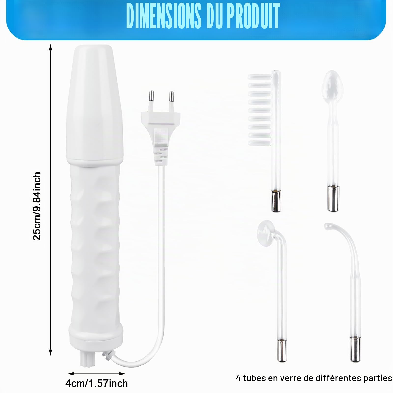 Bâton haute fréquence pour le visage, appareil facial à haute fréquence, 4 sondes, machine de beauté pour le visage, paroi haute fréquence, appareil de raffermissement de la peau pour les