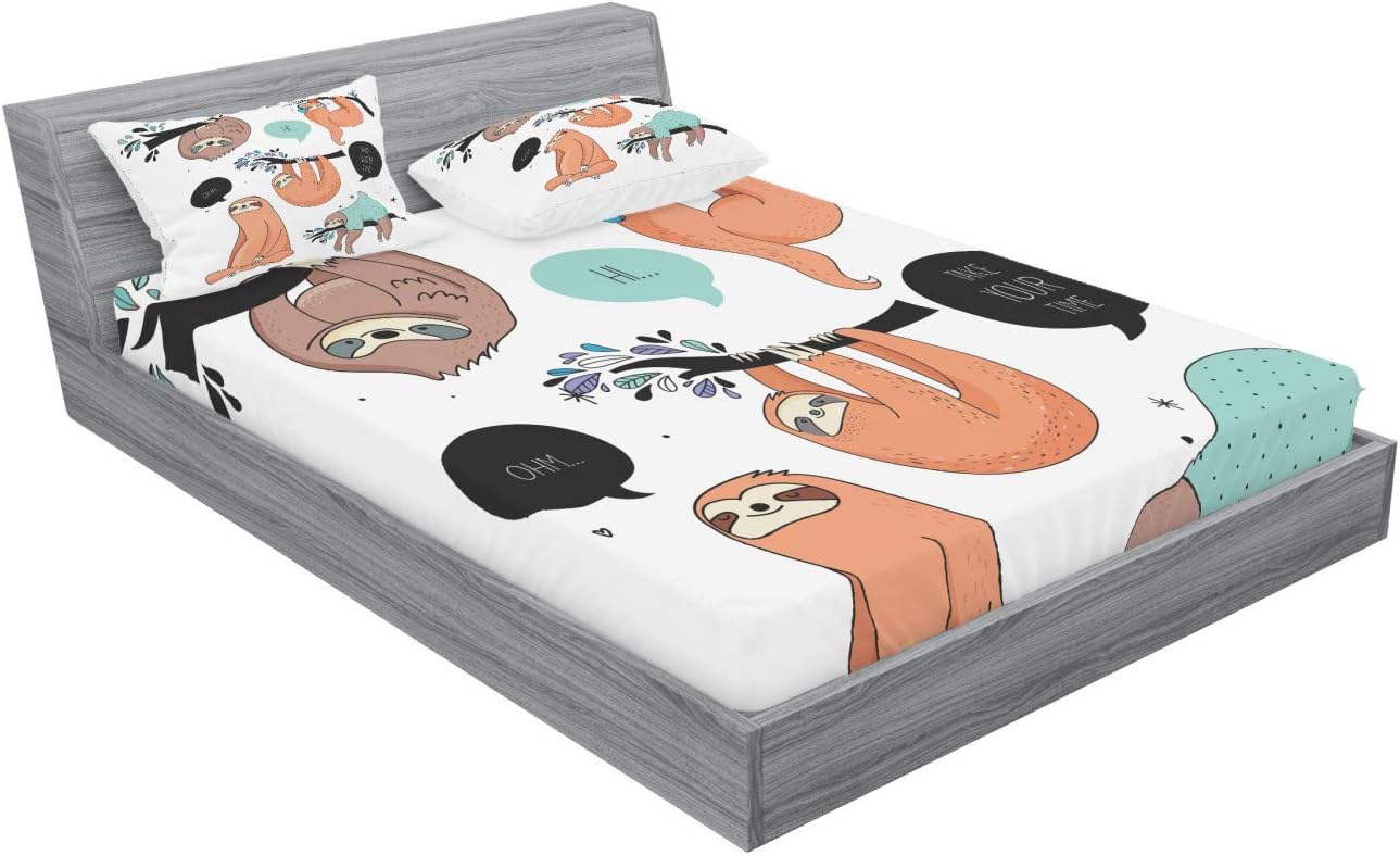 Ambesonne Animal Fitted Sheet & Pillow Sham Set, Cartoon Style Illustration Tribe of Sloths Smiles Sleeping Lazy Does Yoga Words, Decorative Printed 3 Piece Bedding Decor Set, Queen, Salmon Teal