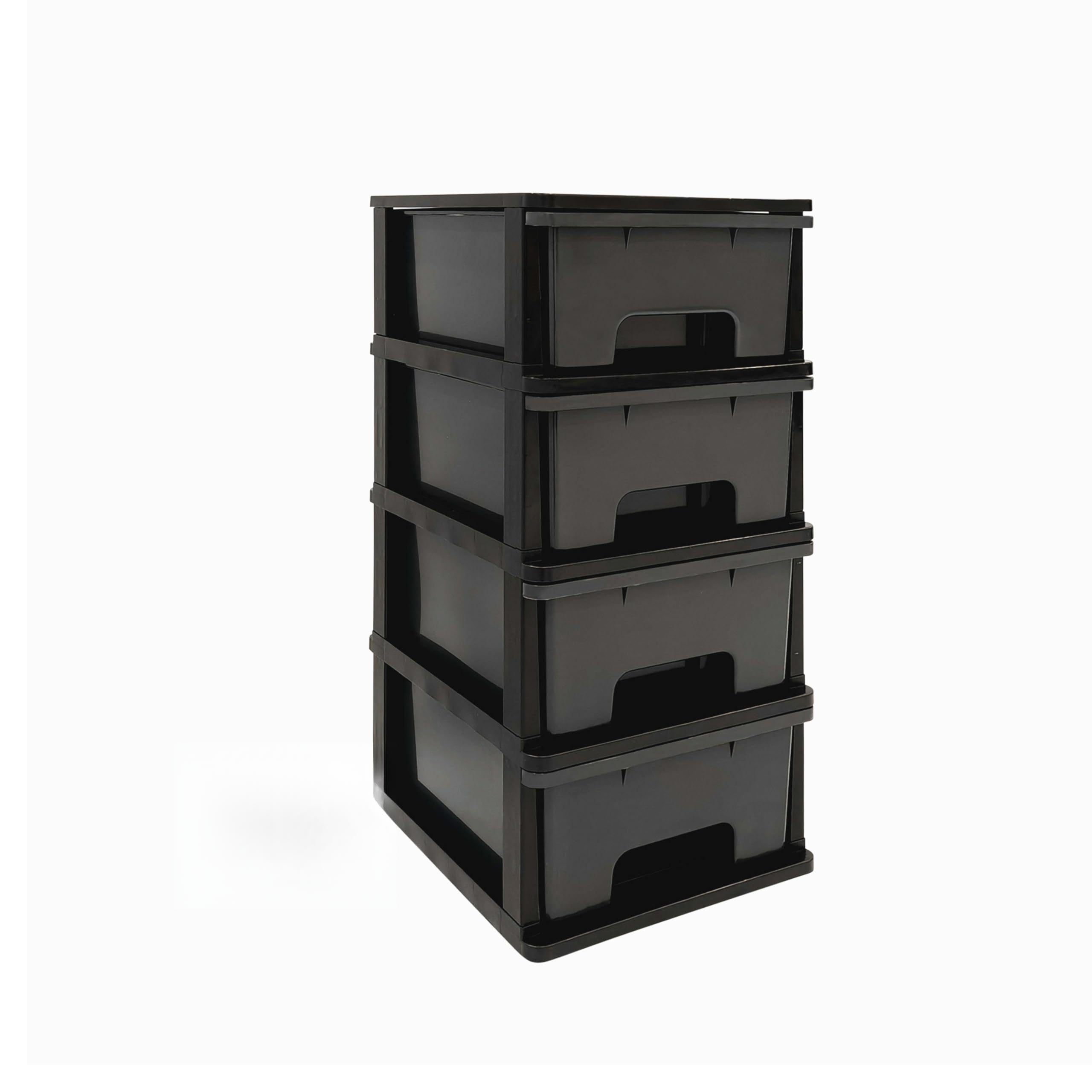 Abbaware Plastic Drawers Storage Unit, With Wheels, Storage Drawers, Tower, 4 x 17L Drawers, Black Frame/Modern Grey Draws