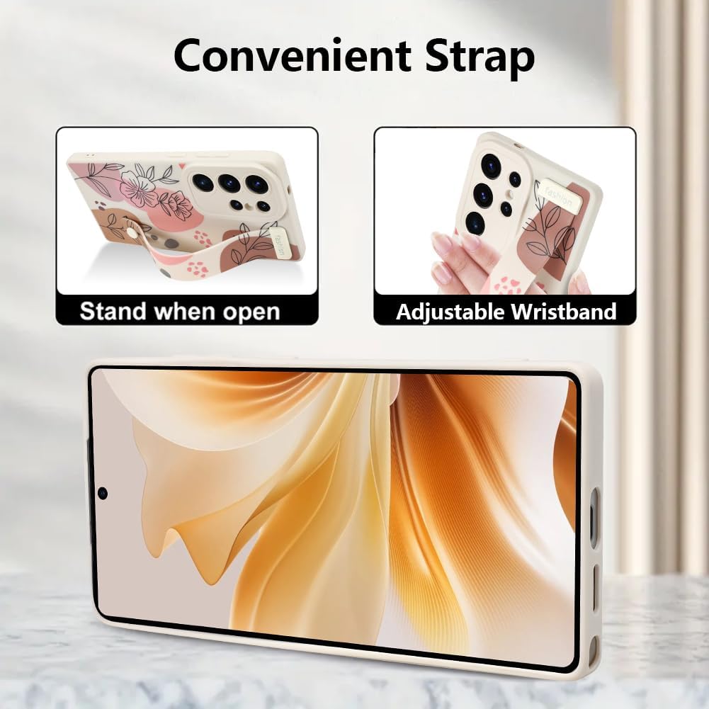 Case for Samsung Galaxy S25 Ultra 6.9 inch 2025 Released, Silicone Case with Strap for Women Girls Cute Floral Flowers Adjustable Wristband Kicktand Cover for S25 Ultra, Beige Flower - Image 4